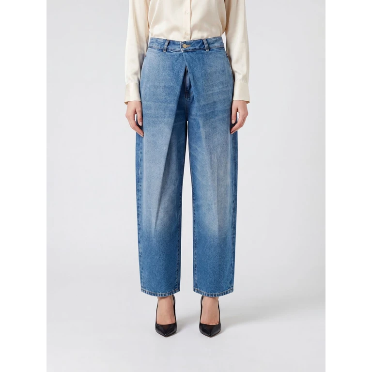 Mid-Rise Baggy Jeans in Stone-Washed Denim with Asymmetrical Design (HF1MH060DG266FF)