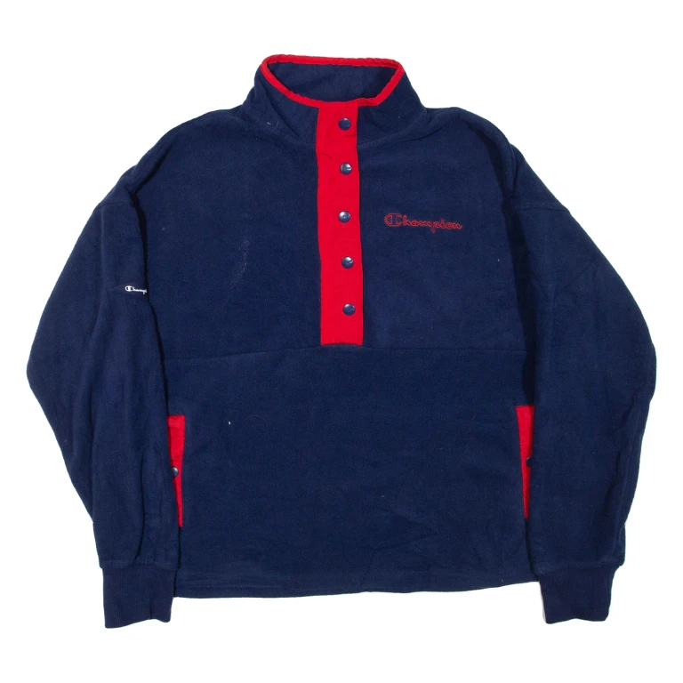CHAMPION Mens Fleece Blue Button Neck L