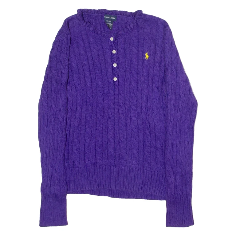 RALPH LAUREN Womens Jumper Purple Button Neck 90s Cable Knit XL