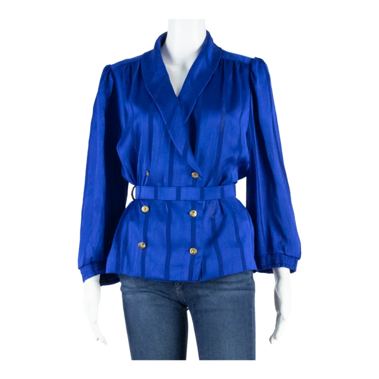 Womens Printed Blouse Blue V-Neck Puff Sleeve Striped M