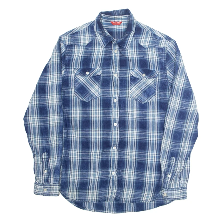 GUESS Mens Shirt Blue Check Long Sleeve M