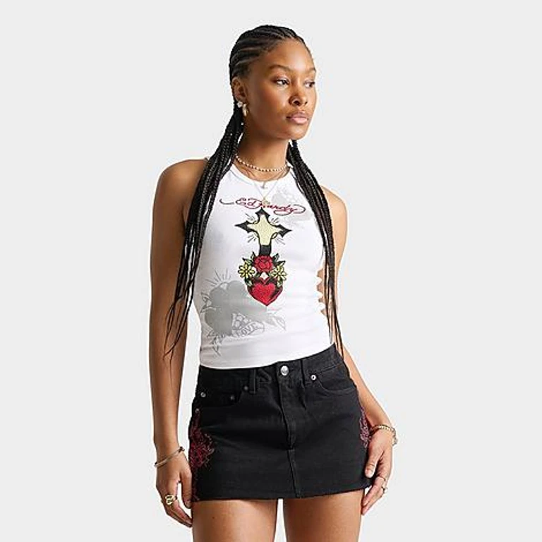 Women's Cross Heart Rhinestone Tank Top in White Size: Small