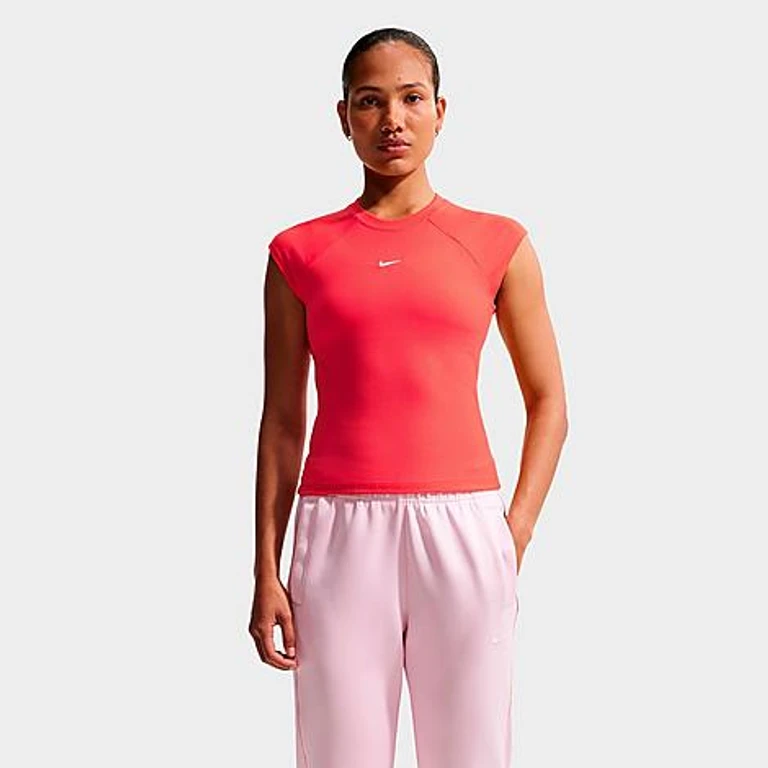 Nike Women's Sportswear Chill Knit Tight Short-Sleeve Ribbed Top in Light Crimson/Sail Size: XS