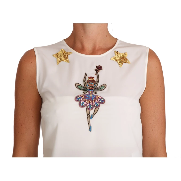 Dolce & Gabbana White Silk Embellished Crystal Sequin Fairy Top - Women