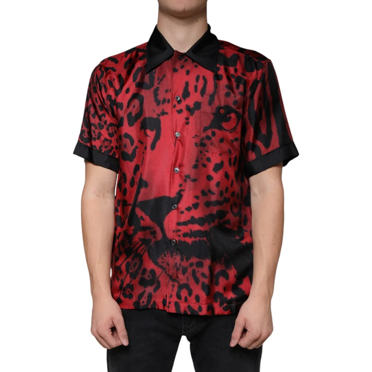 Red Leopard Silk Button Down Casual Shirt - Men