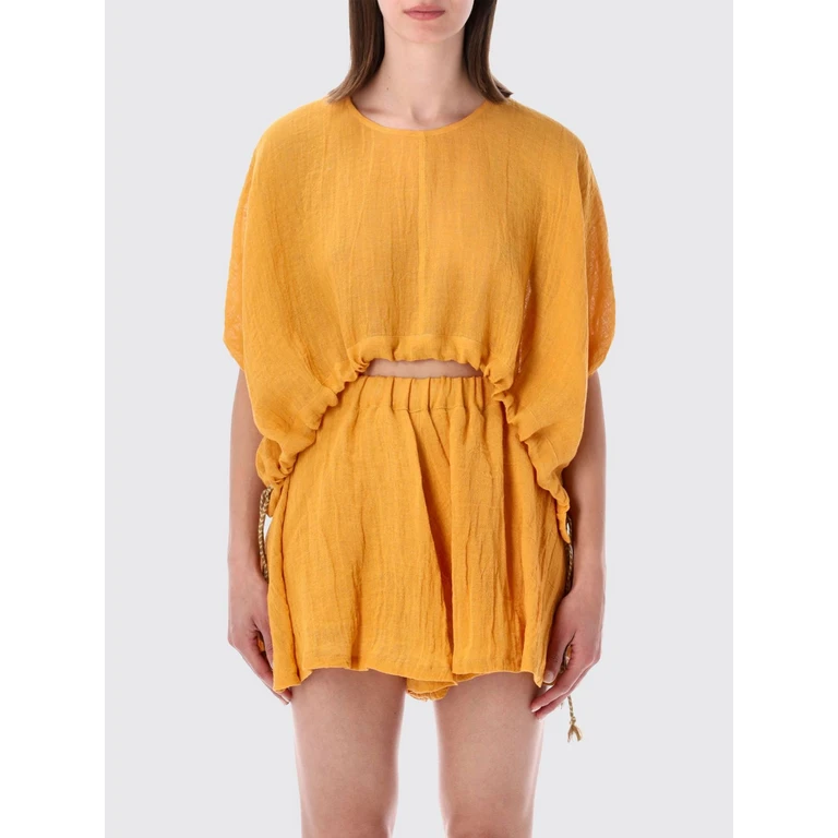 Linen Cropped Top with Crew Neck and Short Sleeves (33BLIW1PLE000G486704242)