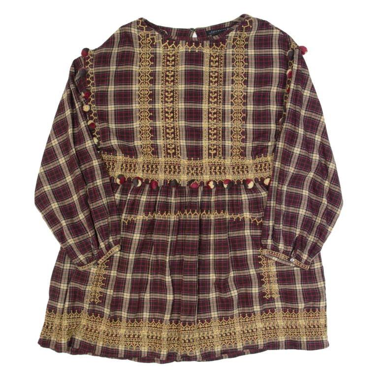 ZARA WOMAN Oversized Womens Day Dress Brown Check Long Sleeve Knee Length M