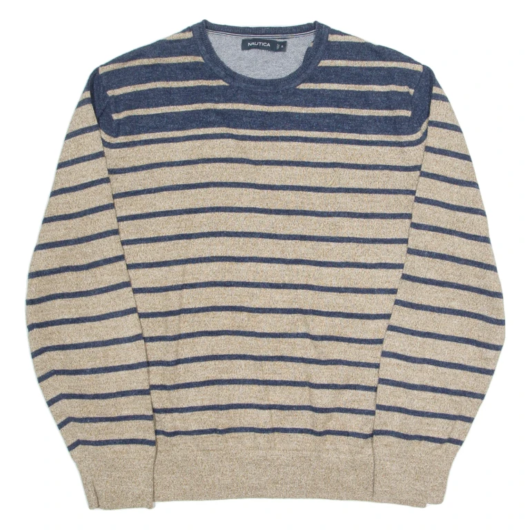 NAUTICA Mens Patterned Jumper Beige Striped Tight Knit XL