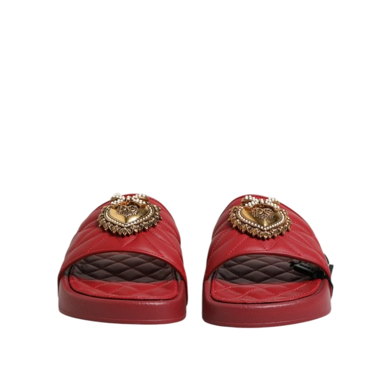 Dolce & Gabbana Red Devotion Matelassé Leather Slides Shoes Lambskin - Women