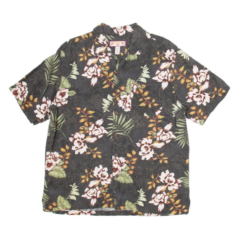 CARIBBEAN JOE Mens Hawaiian Shirt Black Linen Floral M