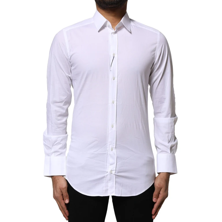 White Cotton Gold Long Sleeves Dress Shirt Spandex - Men