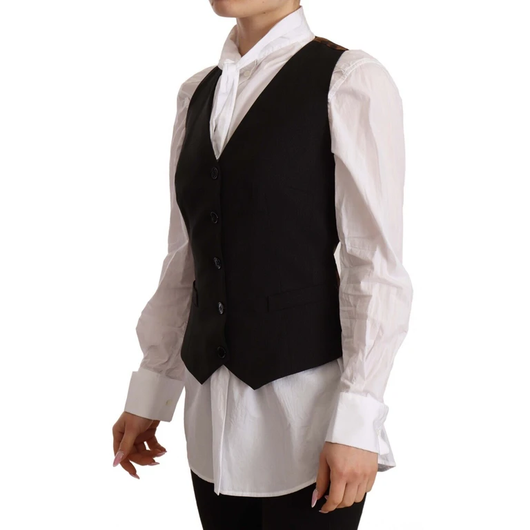 Dolce & Gabbana Black Button Down Sleeveless Vest Polyester Top Wool Elastane - Women