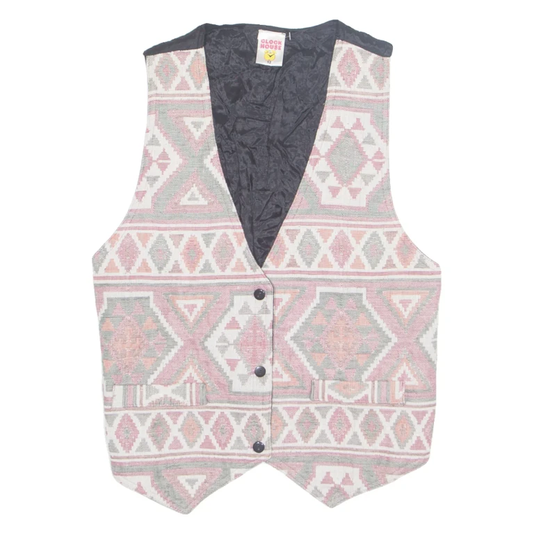 CLOCK HOUSE Womens Blazer Waistcoat Red 90s Crazy Pattern UK 12