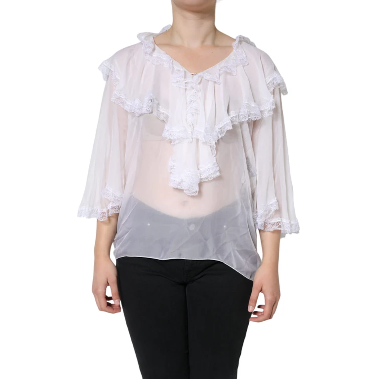 Dolce & Gabbana White Ruffles Lace Long Sleeve Blouse Top Silk Nylon Viscose - Women