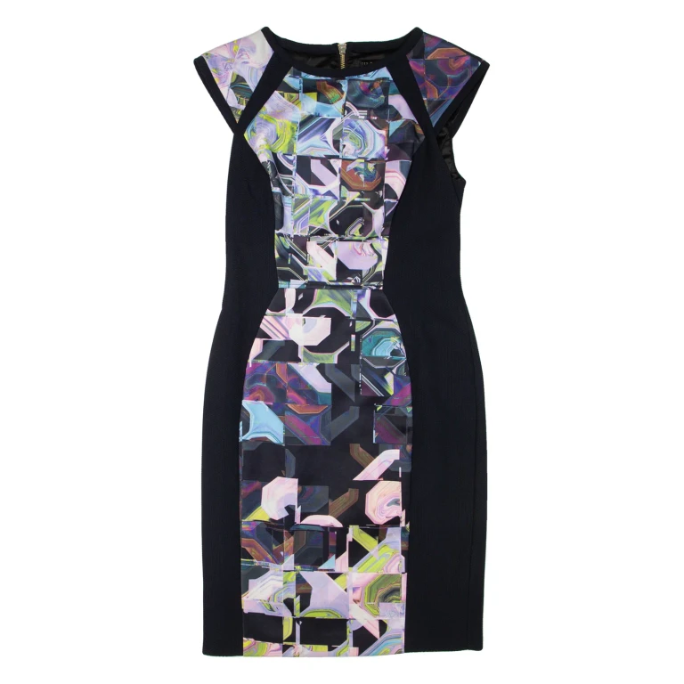 TED BAKER Womens Pencil Dress Black Crazy Pattern Short Sleeve Knee Length M