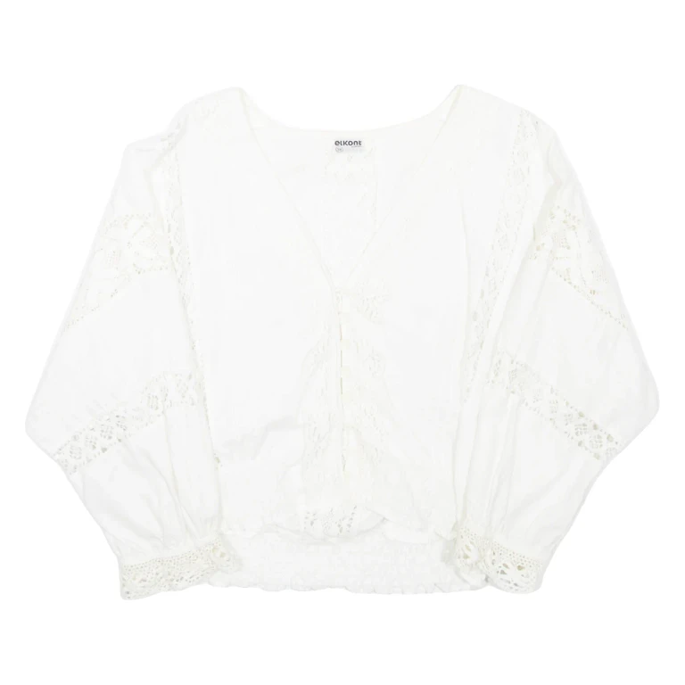 ELKONT Womens Cropped Blouse White V-Neck Long Sleeve M