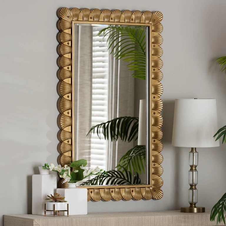 Vadim Antique Golden Wood Wall Mirror with Seashell Border