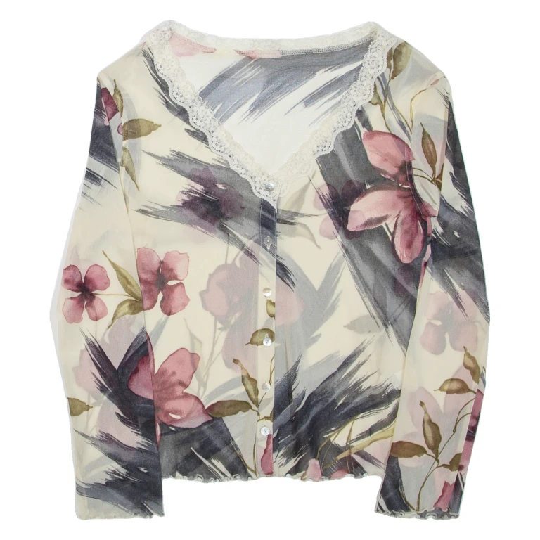 Sheer Womens Printed Top Cream V-Neck Long Sleeve Floral L