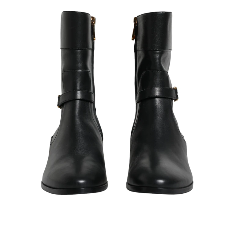 Dolce & Gabbana Black Leather Logo Mid Calf Boots Shoes - Women