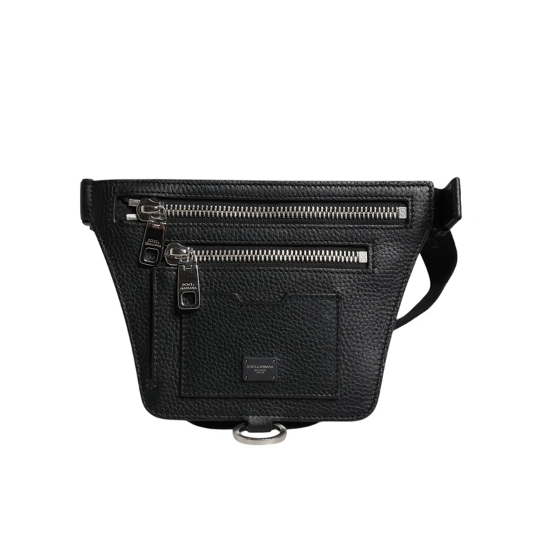 Dolce & Gabbana Black Calfskin Logo Plaque Belt Waist Men Fanny Pack Bag - Men