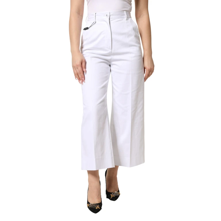 Dolce & Gabbana White Cotton High Waist Wideleg Cropped Pants Co+03 - Women
