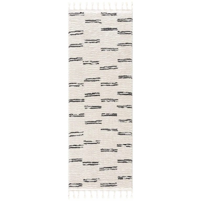Riad Black Striped White Rug with Tassels