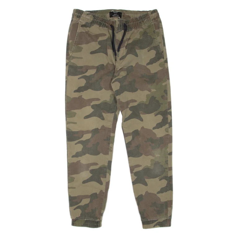 BERSHKA Camo Mens Trousers Green Slim Tapered W28 L27