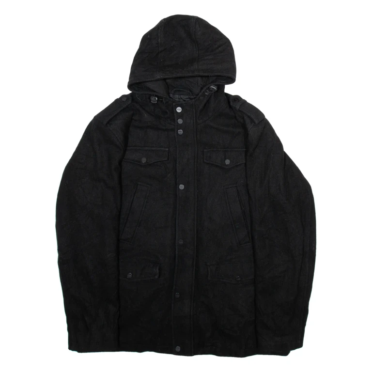 GUESS Mens Chore Coat Black Wool Hooded XL