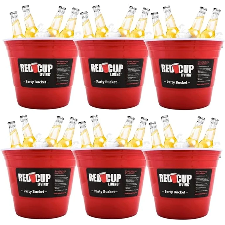 Reusable Red Plastic Ice Bucket for Parties Set of 6 - Large Beverage Tub, Wine Cooler, Beer Bucket, Drink Holder for Indoor/Outdoor Bars, Galvanized Tubs, Father's Day Party Celebration Unbreakable