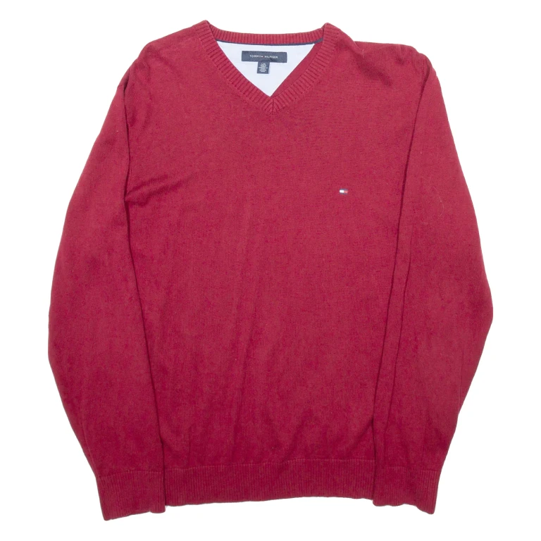 TOMMY HILFIGER Mens Jumper Red V-Neck Tight Knit L