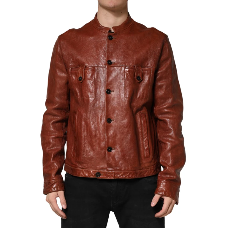 Brown Leather Button Down Men Biker Jacket Clothing - Men