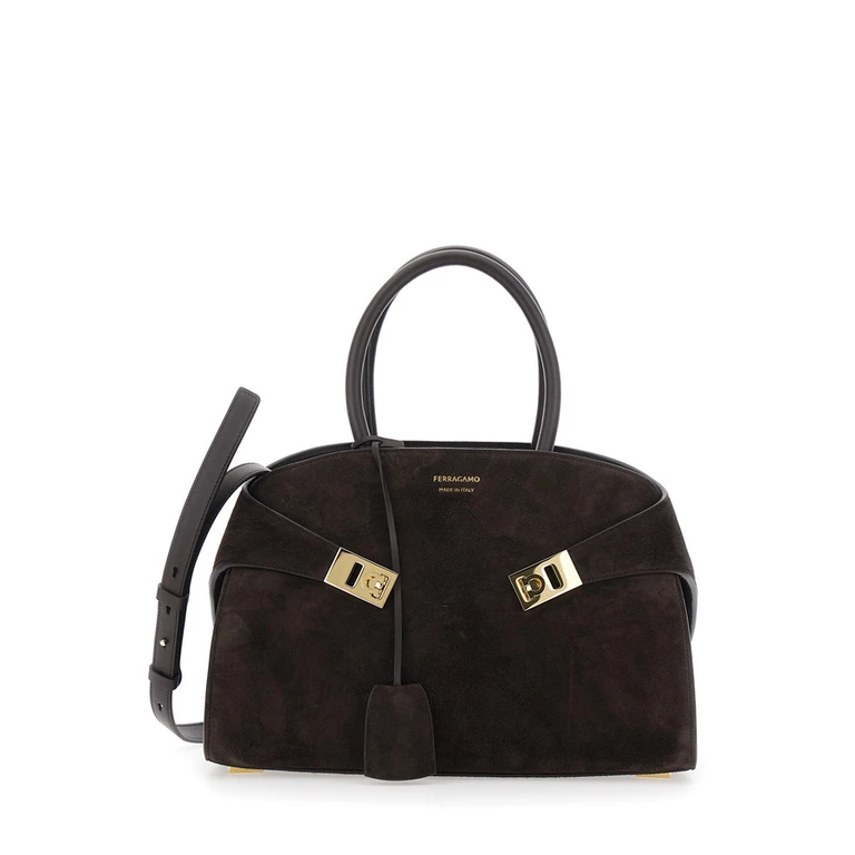 Handbag Hug Piccola With Logo And Gancini Buckles Brown Suede For Women Goat Calf Hand Bags