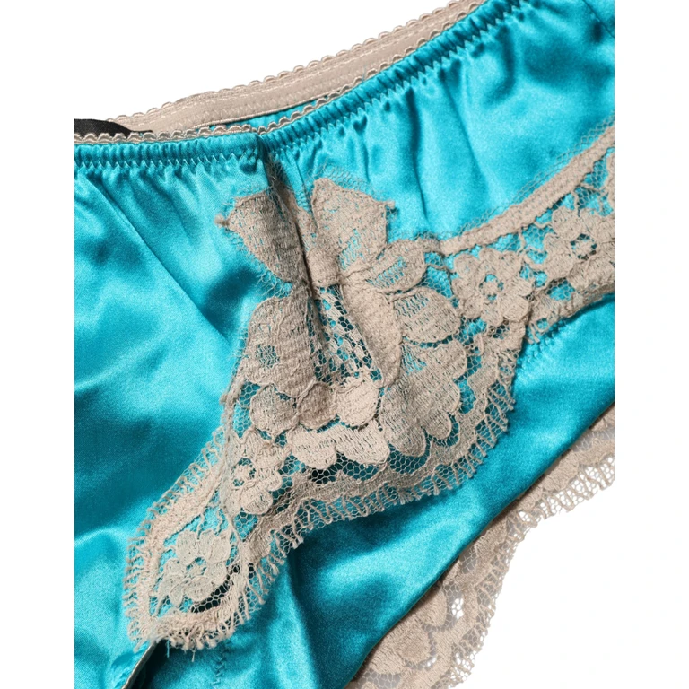 Dolce & Gabbana Blue Silk Satin Floral Lace Panty Brief Underwear Elastane Cotton Clothing - Women