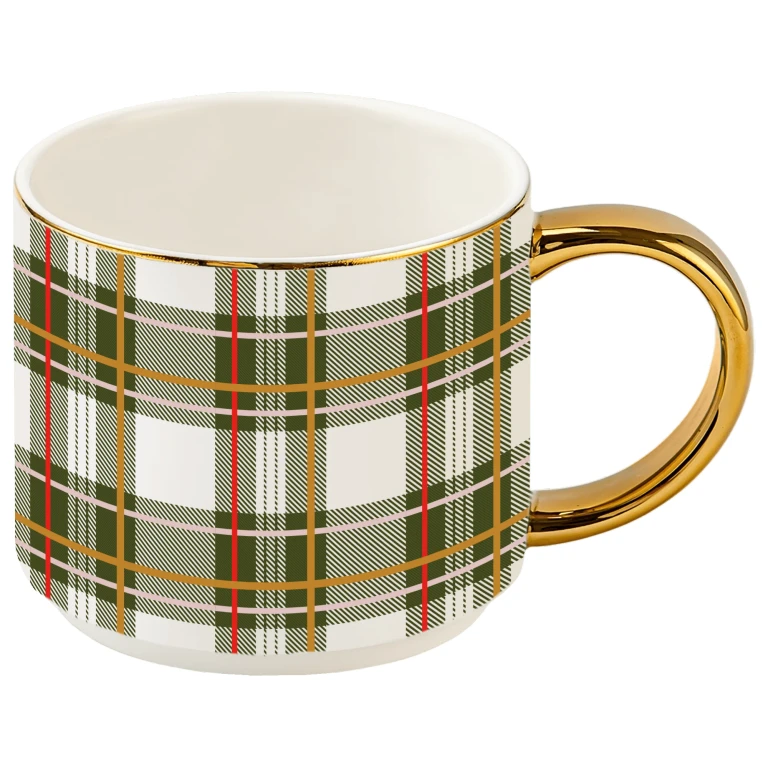 Green Plaid 14 oz Gold Handle Coffee Mug