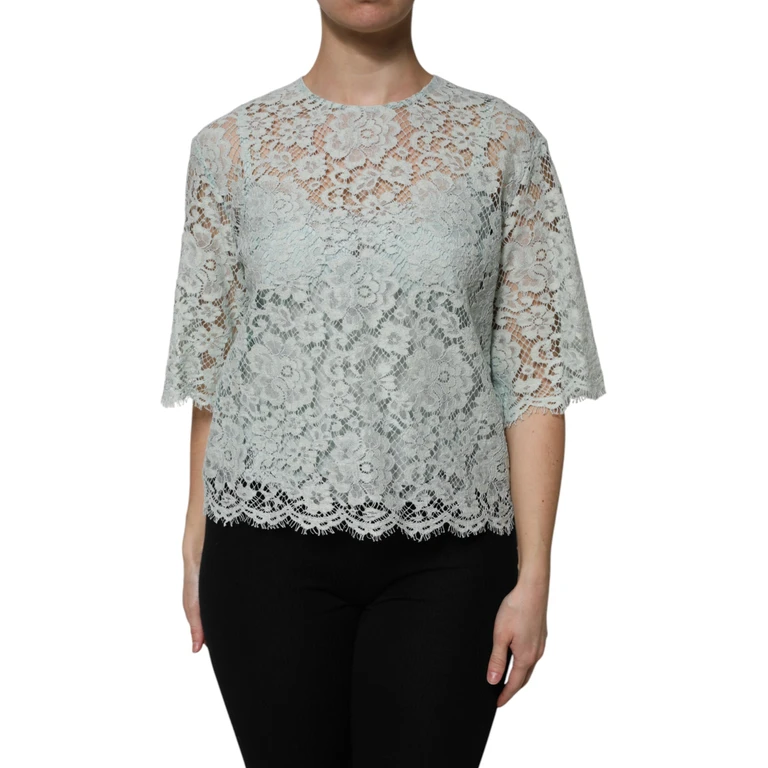 Dolce & Gabbana Mint Green Floral Lace Cotton Blouse Top Viscose Nylon - Women