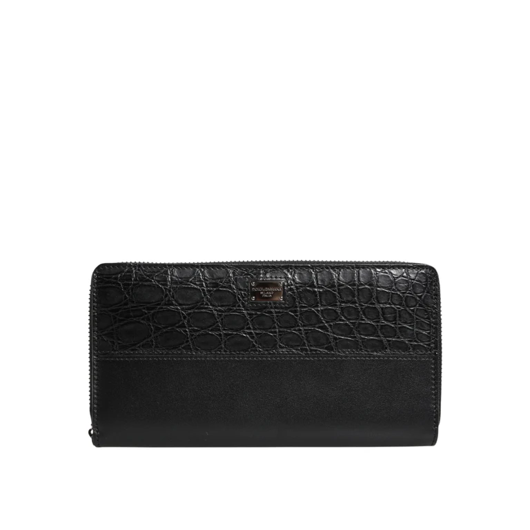 Black Leather Logo Plaque Zip Around Continental Wallet Calf Caiman - Men