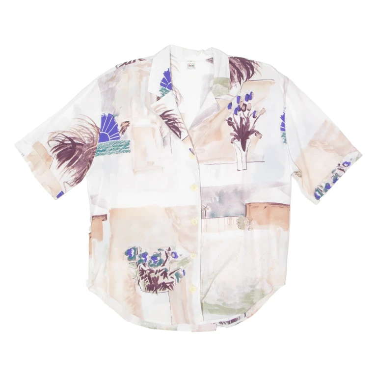 TRU Womens Shirt White Viscose 90s Floral UK 14
