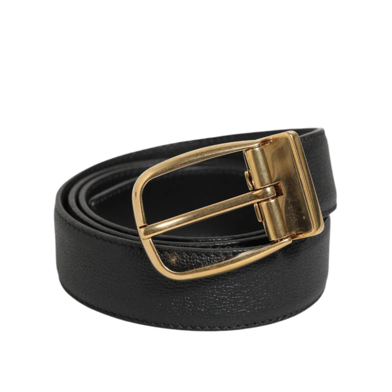 Black Leather Classic Metal Logo Buckle Belt 100lf - Men