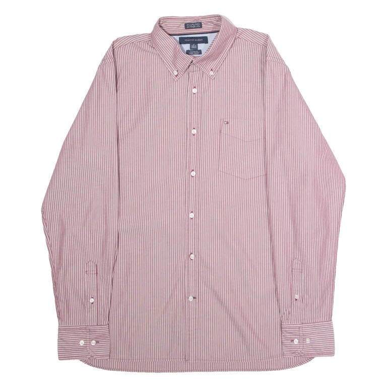 TOMMY HILFIGER Custom Fit Mens Shirt Maroon Striped Long Sleeve M