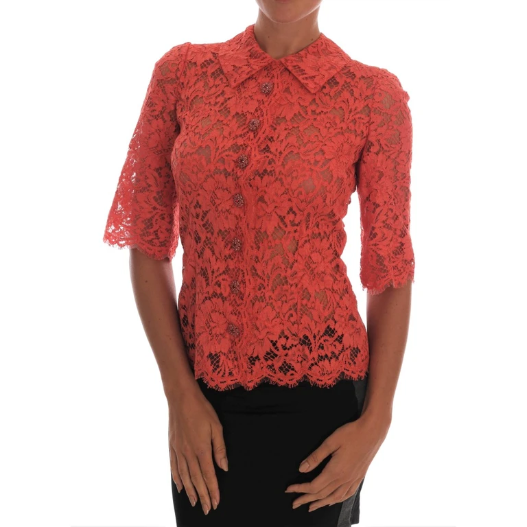 Dolce & Gabbana Orange Crystal Buttons Floral Lace Blouse Cotton - Women