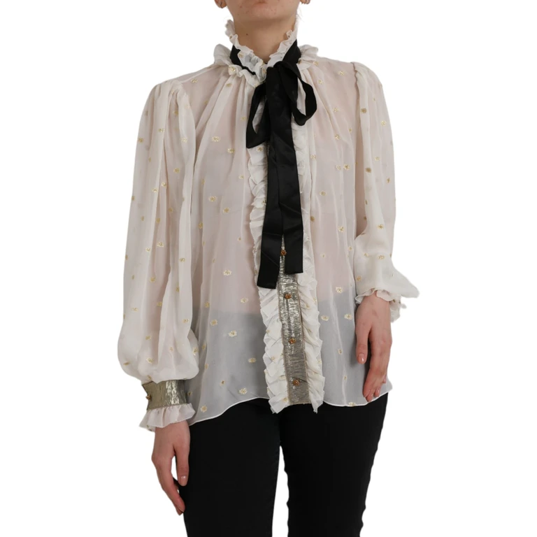 Off White Silk Blend Ascot Collar Blouse Top Polyester - Women
