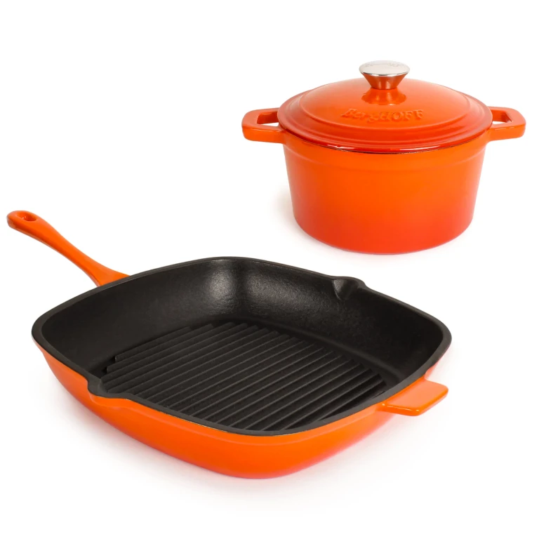 Neo 3pc Cast Iron Cookware Set, Grill Pan & Round Dutch Oven, Orange