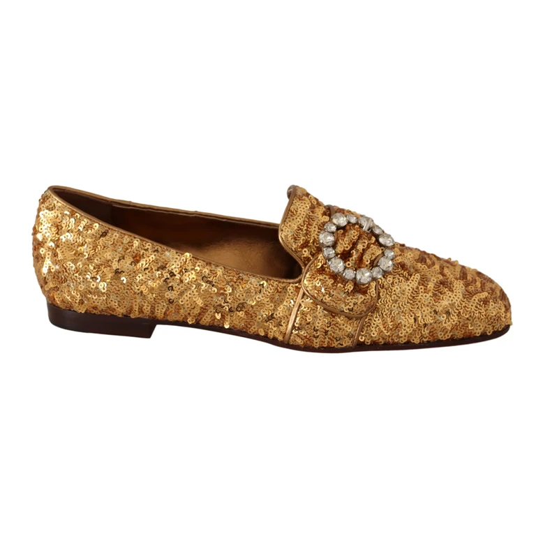 Dolce & Gabbana Gold Sequin Crystal Flat Women Loafers Shoes Mordore And Paillette - Women
