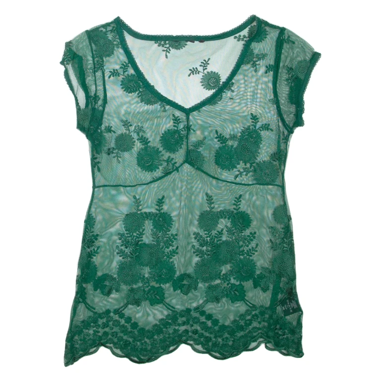 Sheer Womens Top Green V-Neck M