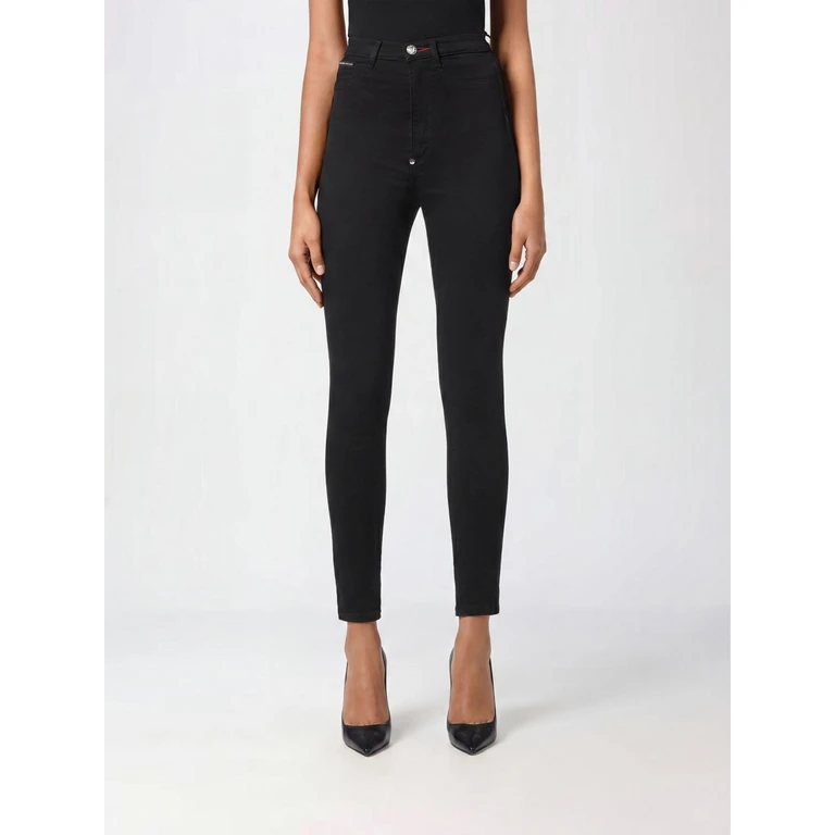High-Waisted Skinny Cropped Jeans in Stretch Denim with Logo (PAACWDT1918PDE004N02ED)