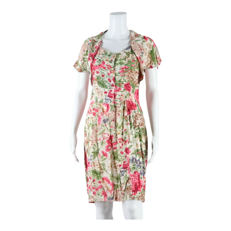 HEMMES Womens Day Dress Cream Floral Short Sleeve Knee Length S