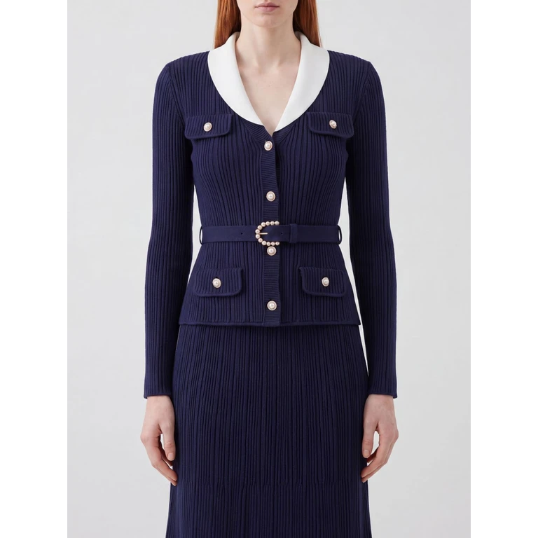 Slim Fit Ribbed-Knit Cardigan with Lapels and Belt (PF26131CNNAVY)