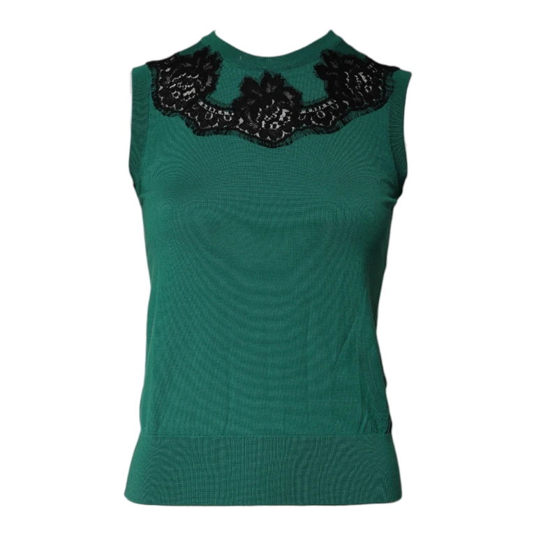 Green Wool Lace Detail Sleeveless Tank Top Virgin Cotton Nylon - Women