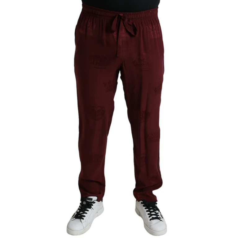 Dolce & Gabbana Maroon Crown Pattern Silk Pajama Pants - Men