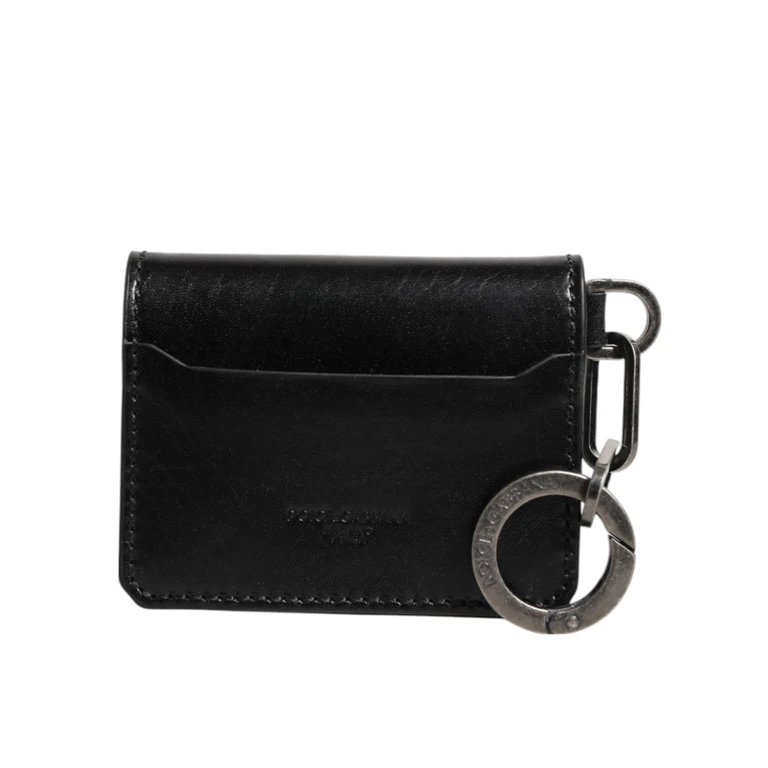 Dolce & Gabbana Wallet Black Leather Logo Embossed Key Chain Card Holder Horse - Men